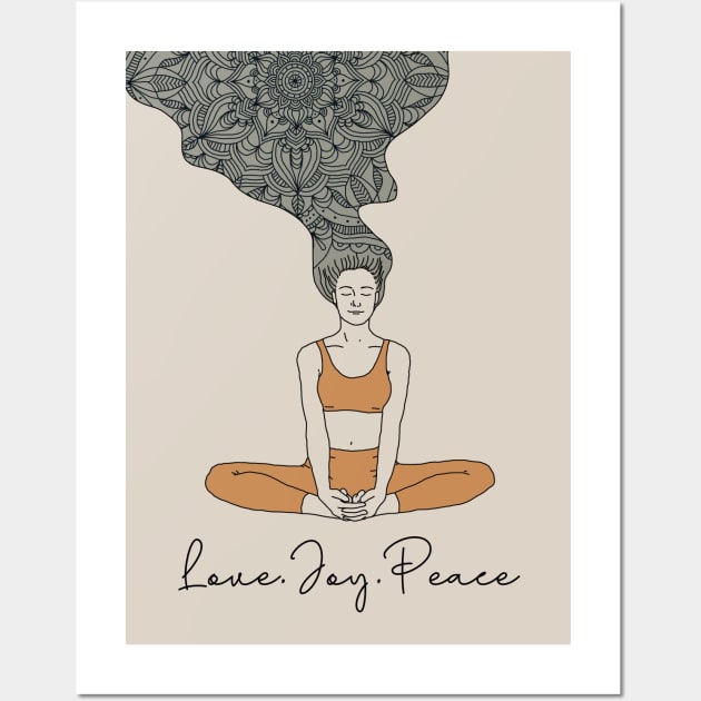 Love Joy Peace Mandala Yoga Girl Wall Art by Sierraillustration